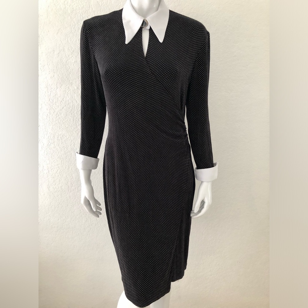 Joseph Ribkoff Dress Black Polka Dot Vintage 70s Dagger Collar Size 12 Size L